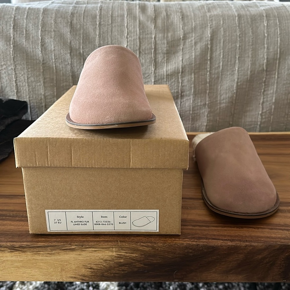Anthropolgie, fur lined slides. Never worn! In plastic & orig. box. Blush.